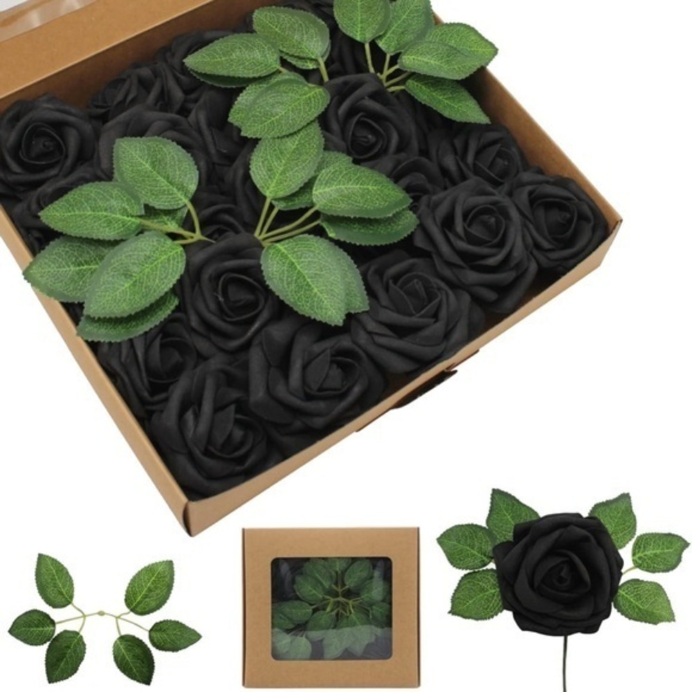 Black Roses with Green Leaves Artificial Flowers for wedding centerpieces party